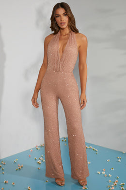 Embellished Plunge Neck Jumpsuit in Beige