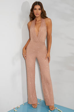 Embellished Plunge Neck Jumpsuit in Beige