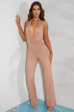 Embellished Plunge Neck Jumpsuit in Beige