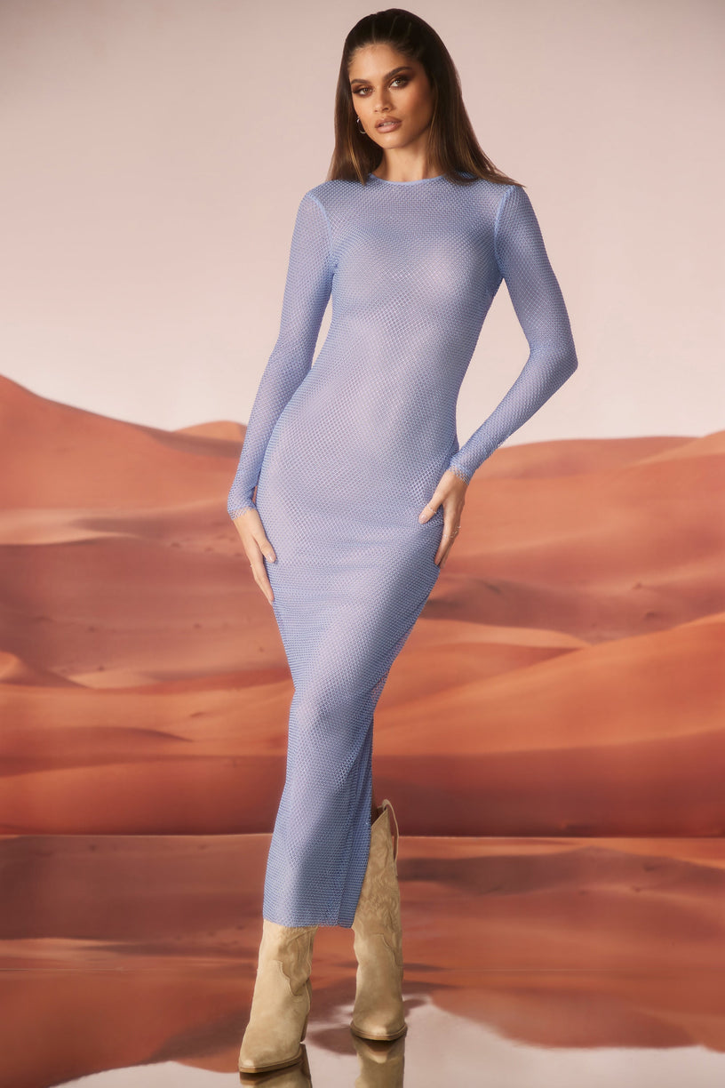 Embellished Long Sleeve Maxi Dress in Blue - 1