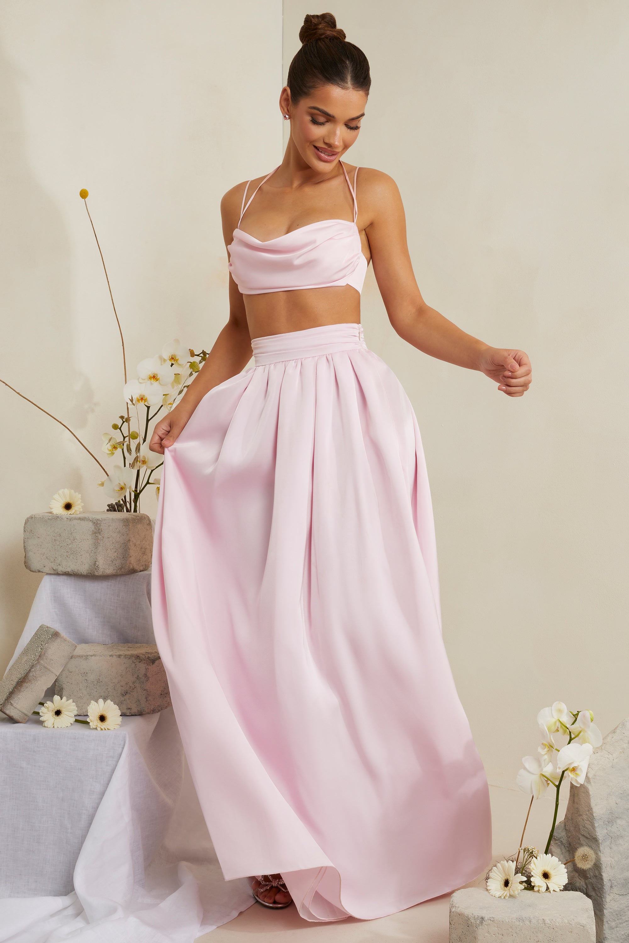 Edyta Pleated Satin Maxi Skirt in Pink Oh Polly