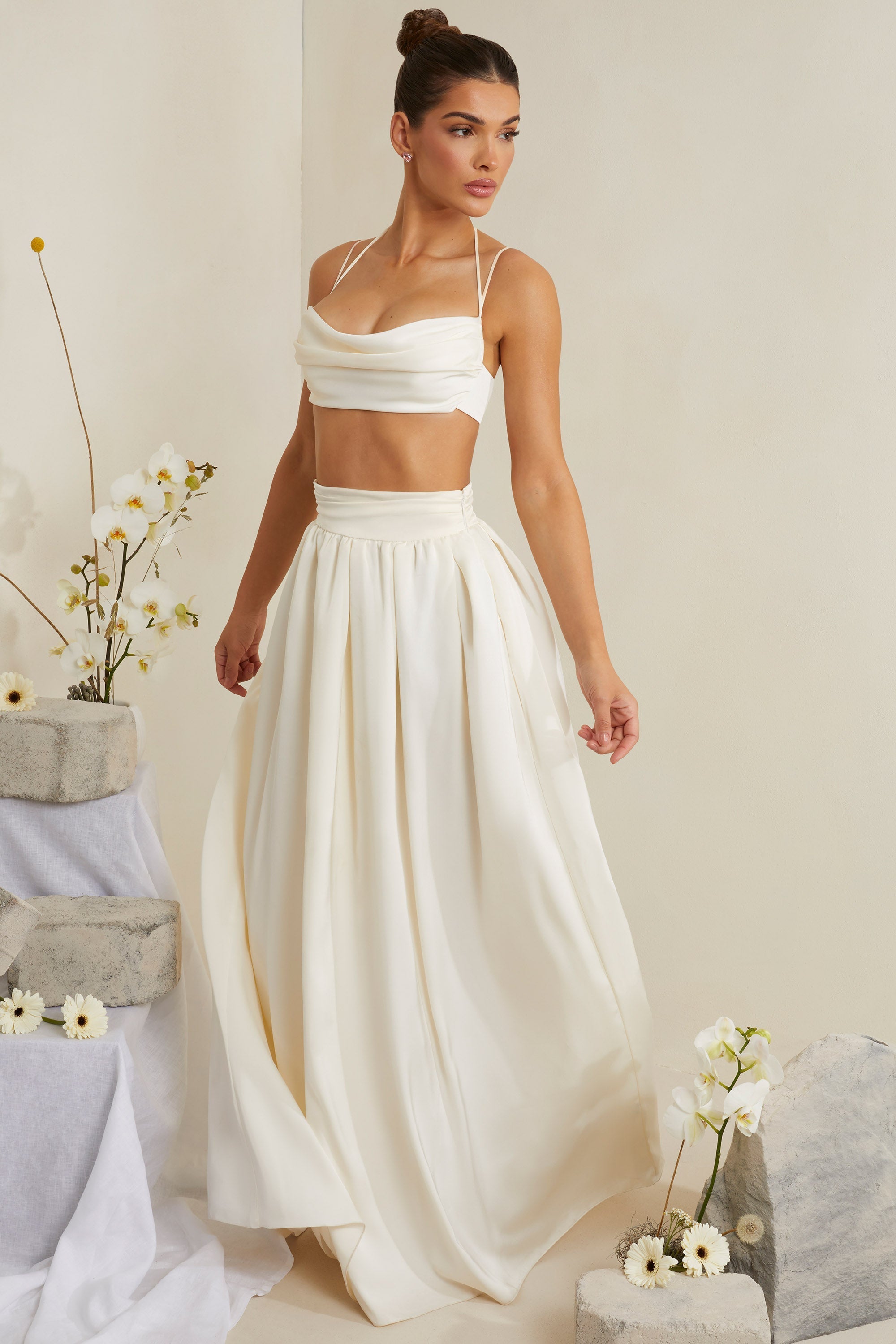 Edyta Pleated Satin Maxi Skirt in White Oh Polly