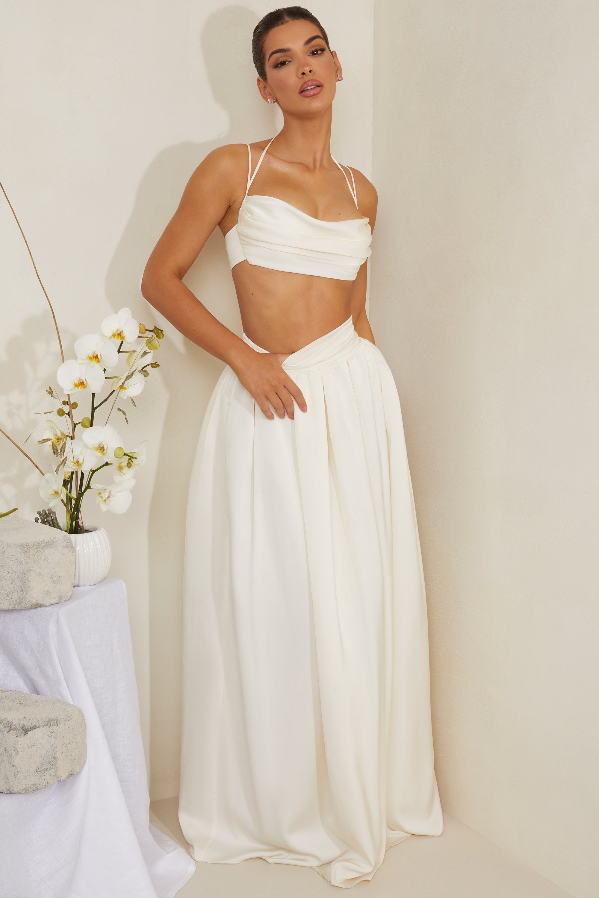 Edyta Pleated Satin Maxi Skirt in White Oh Polly