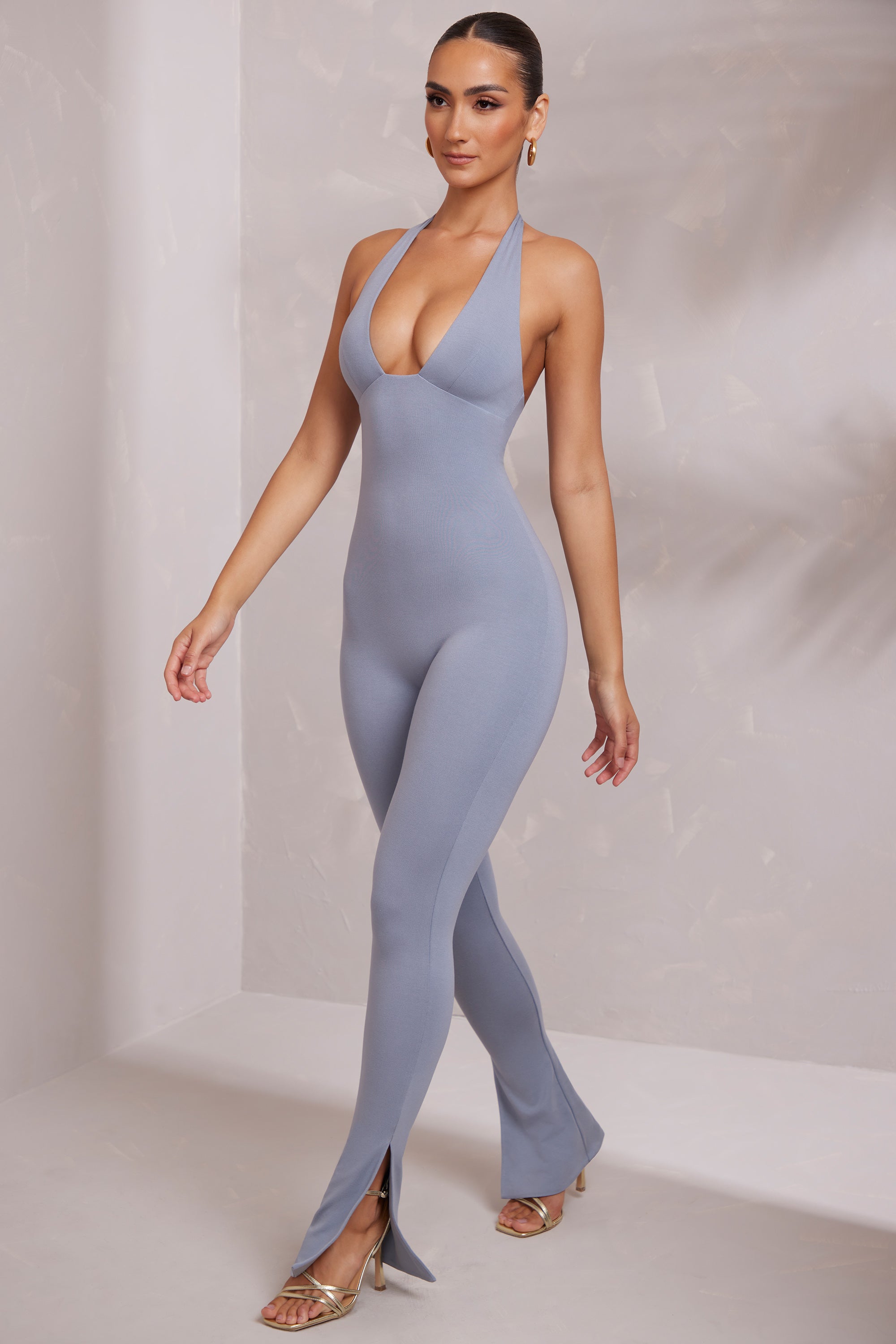 Keava Tall Plunge Halter Neck Jumpsuit in Blue Oh Polly