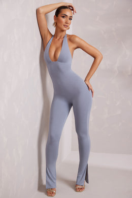 Petite Halter Neck Plunge Jumpsuit in Blue