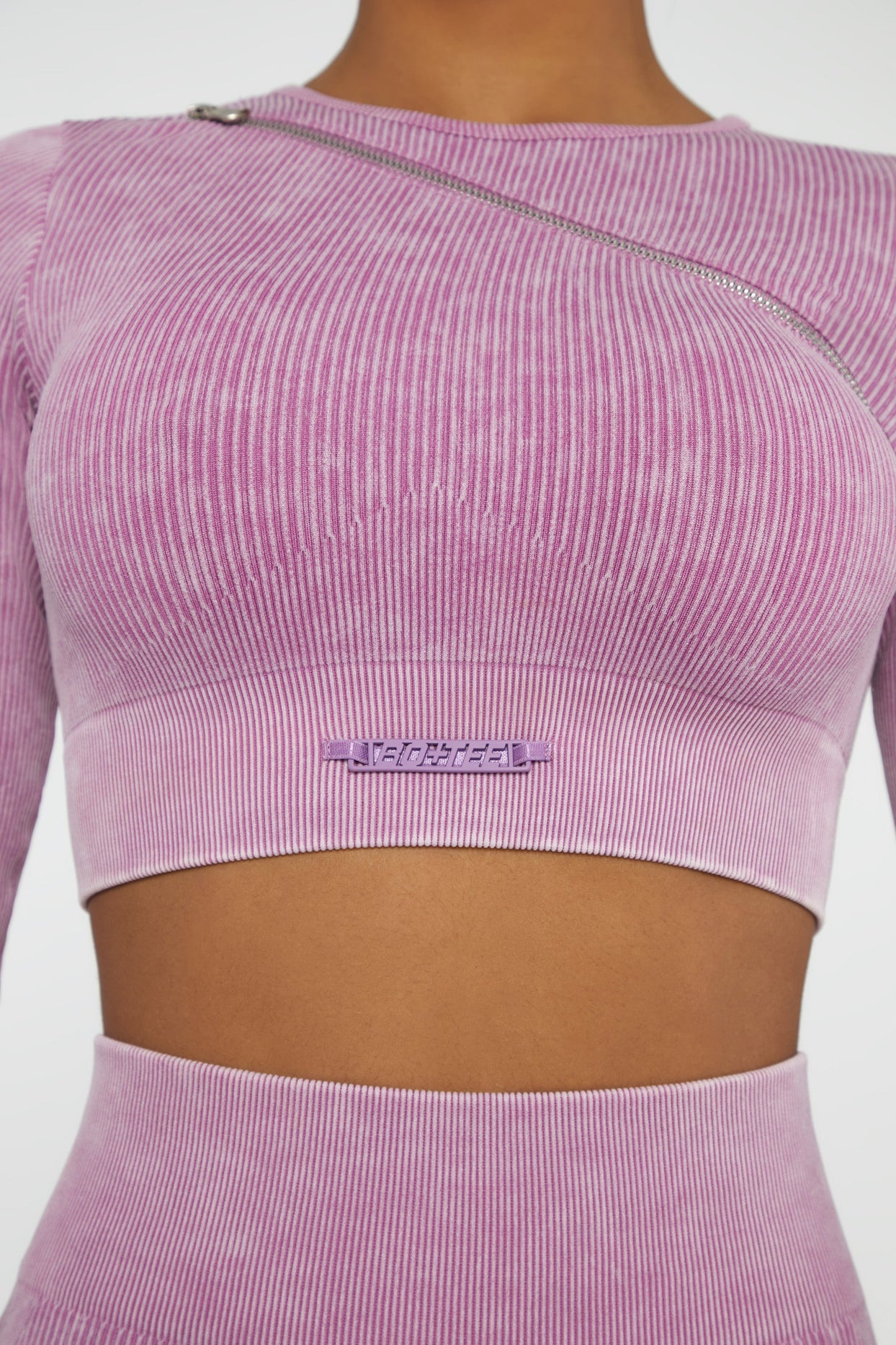 Long Sleeve High Neck Zip Crop Top in Pink